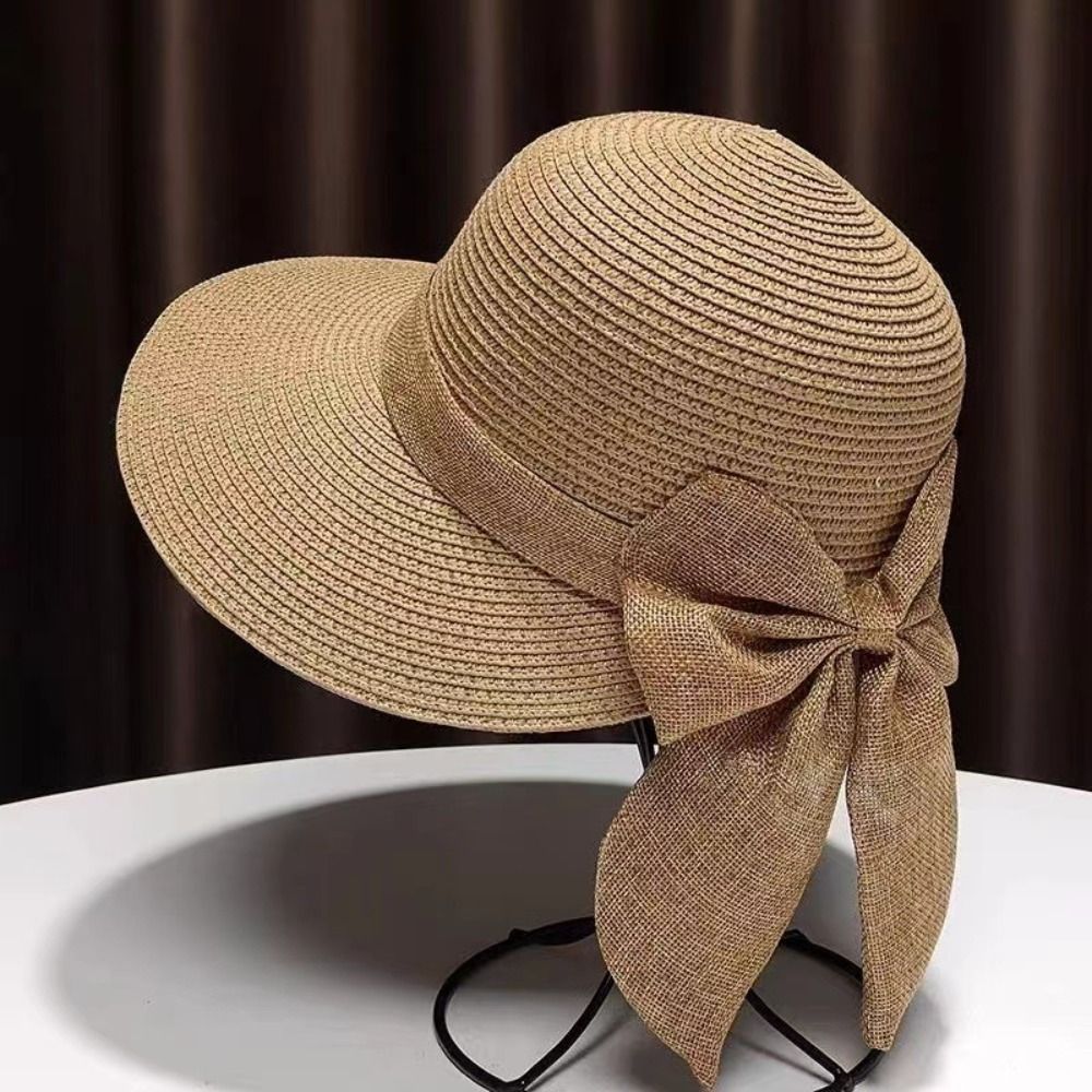 Bucket Hat Straw - Topi matahari ikatan simpul untuk wanita,